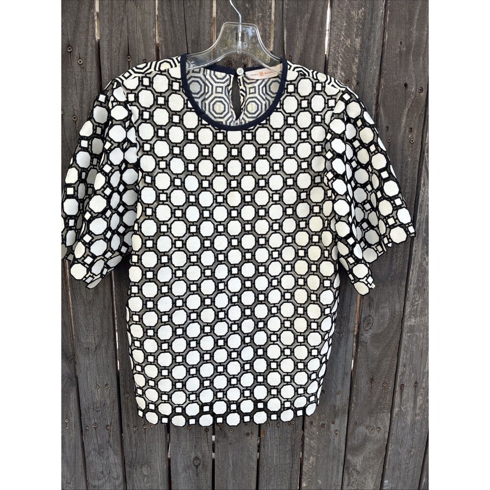 Tory Burch Women’s Black White Blue Geometric Eyelet Short Sleeve Blouse Size 6